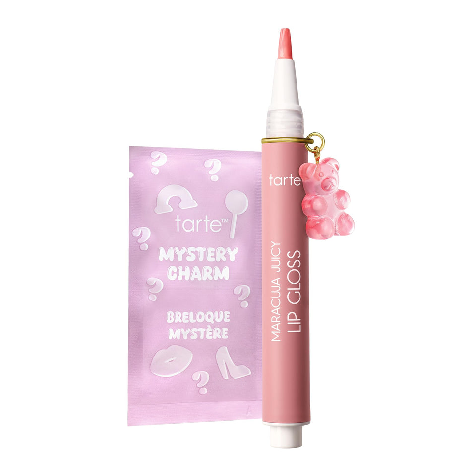 tarte front packaging showing glossy pink-labeled tube and cap, highlights shine