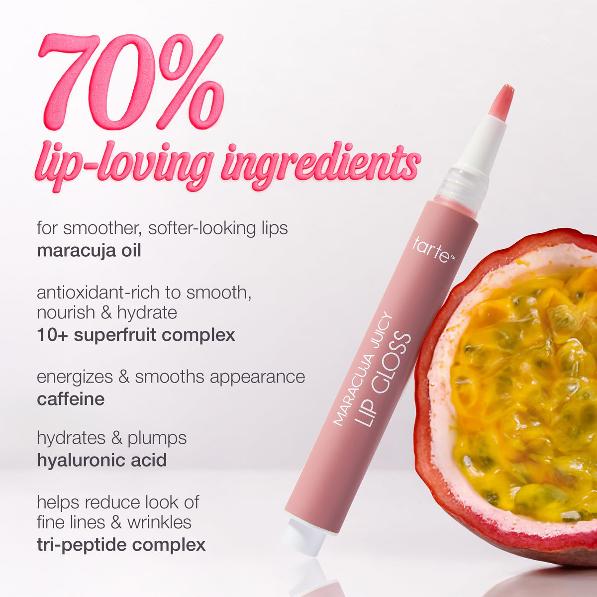 tarte gloss next to common items showing full-size scale and portability