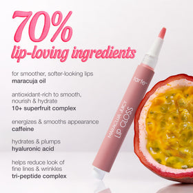 tarte gloss next to common items showing full-size scale and portability
