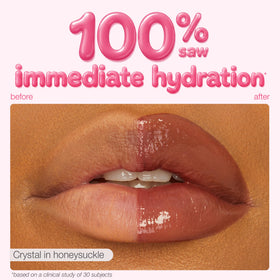 tarte on-lips shot wearing peachy beige shade demonstrating plump, glossy result