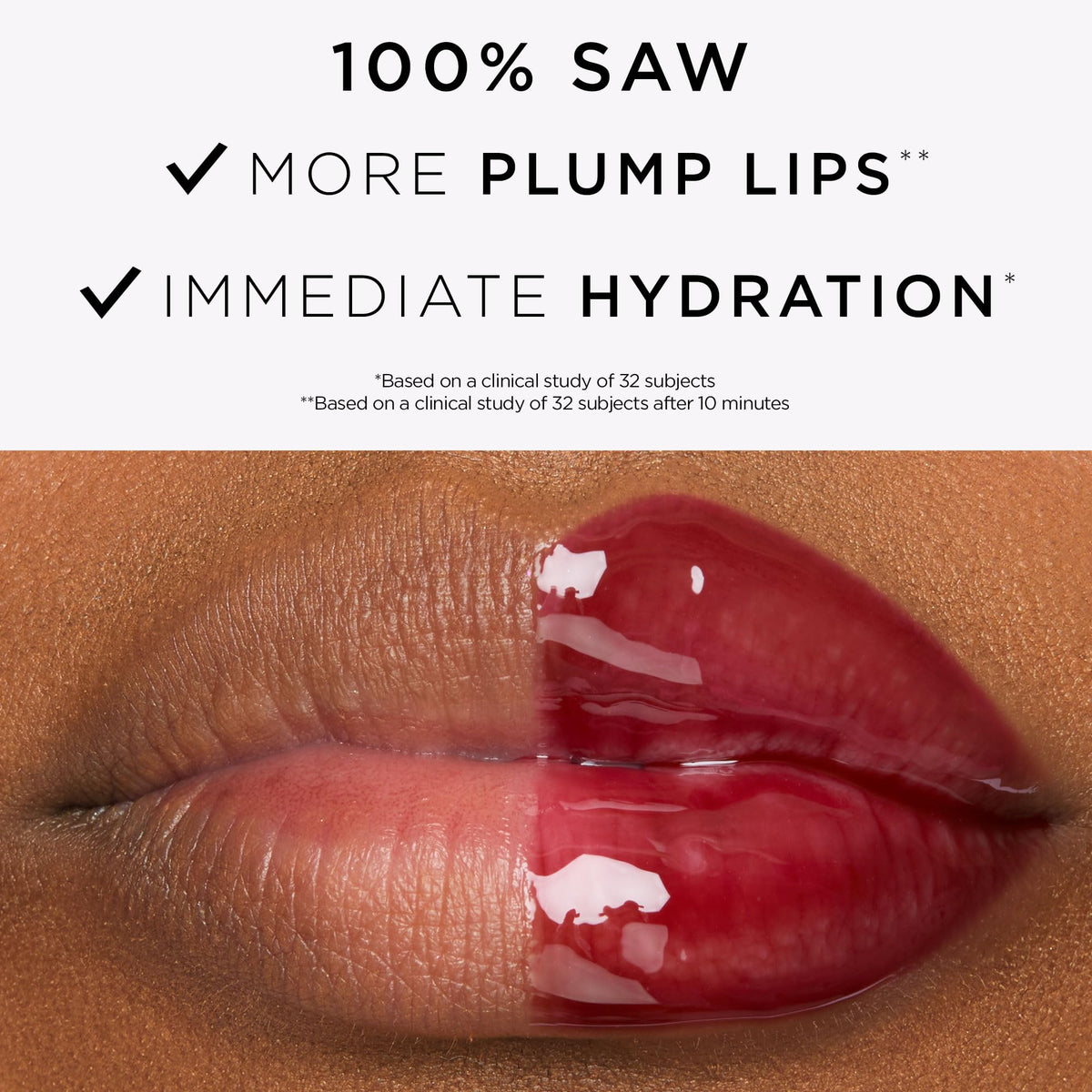 tarte lip on model with petal shade showing fuller-looking glossy lips benefit visible plump