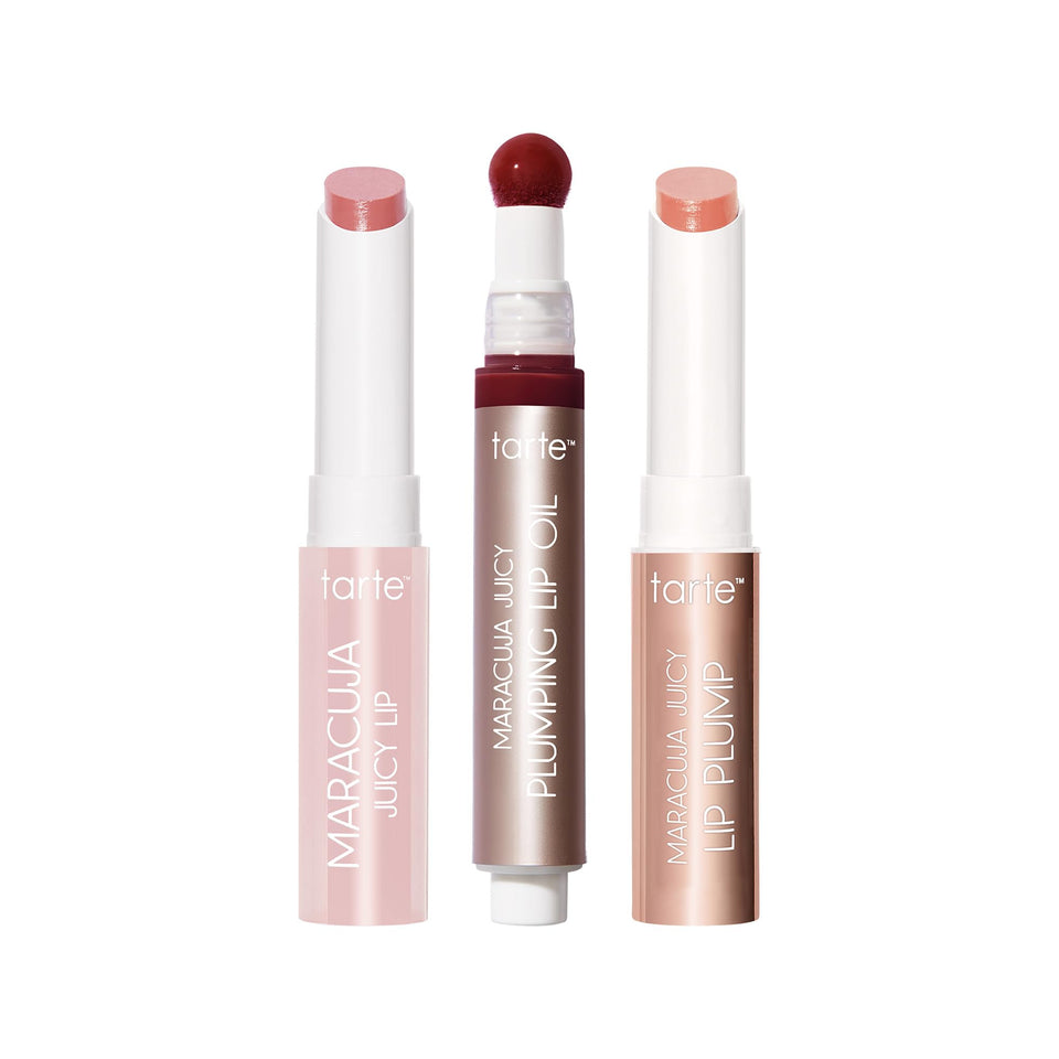 tarte trio front packaging showing three travel lip products for easy touchups