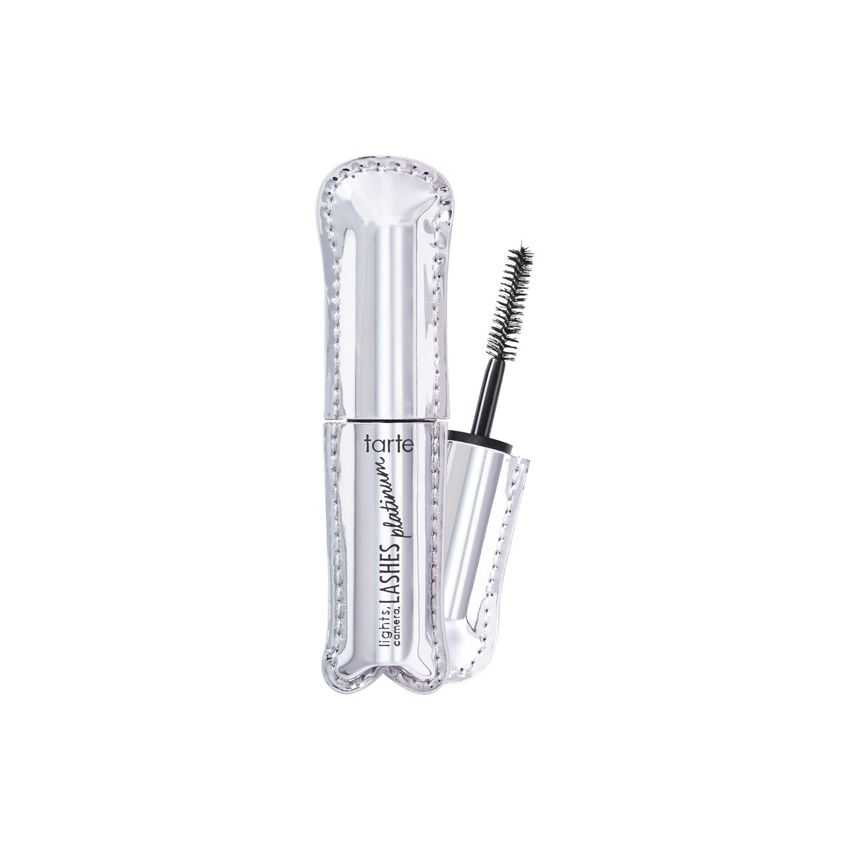 tarte platinum mascara front view showing sleek tube and shade black, highlights travel convenience