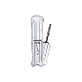 tarte platinum mascara front view showing sleek tube and shade black, highlights travel convenience