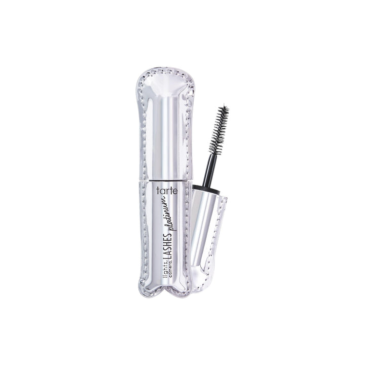 tarte platinum mascara front view showing sleek tube and shade black, highlights travel convenience