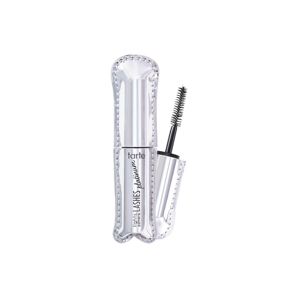 tarte platinum mascara front view showing sleek tube and shade black, highlights travel convenience