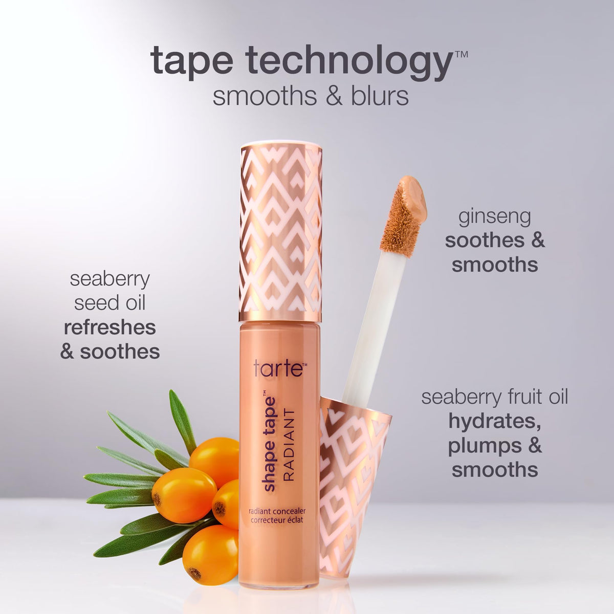 tarte shape tape radiant size scale next to lipstick illustrating compact travel-friendly benefit