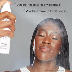 tarte Shape Tape spray label and ingredient list visible, highlights cucumber and aloe