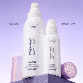 tarte Shape Tape spray styled on bathroom vanity, suggests refreshing skincare-makeup routine