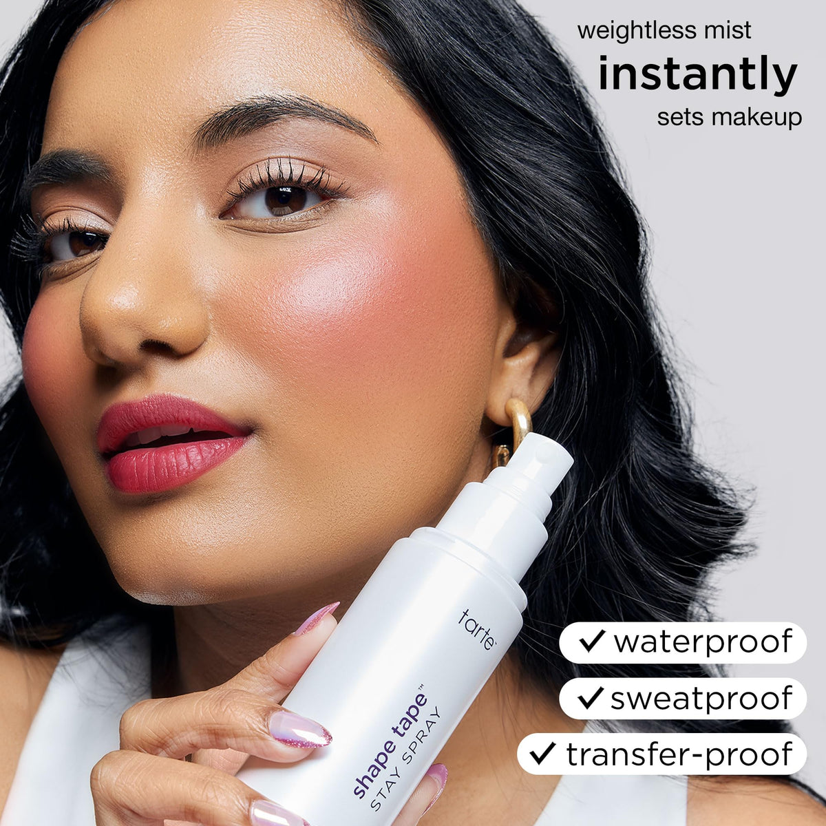 tarte Shape Tape spray on model setting daytime makeup, demonstrates transfer resistance