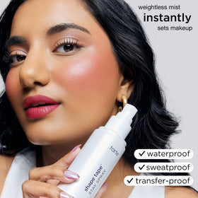 tarte Shape Tape spray on model setting daytime makeup, demonstrates transfer resistance