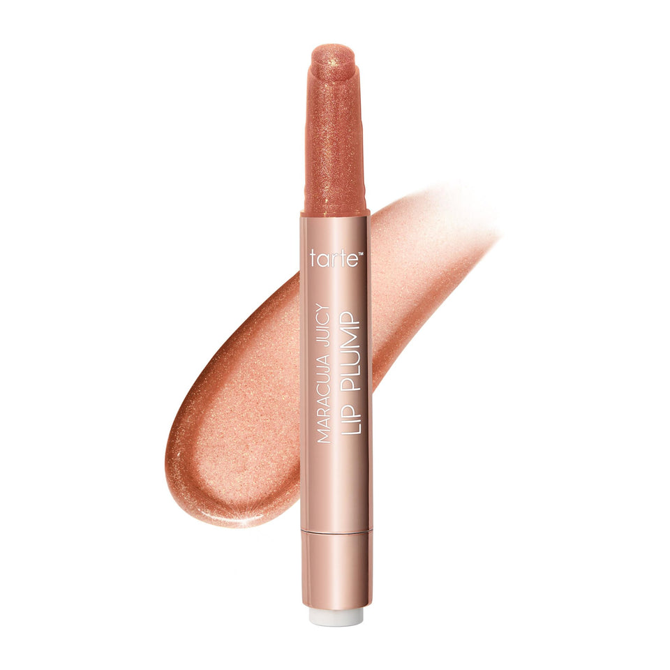 tarte front view of rosy copper gloss showing glossy tube and shade benefit