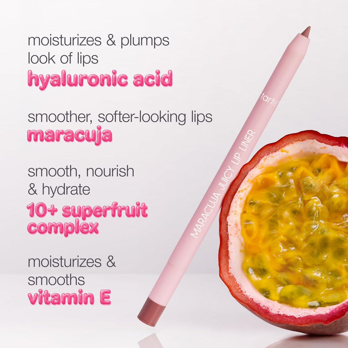 tarte pencil next to ruler showing full-size dimensions and travel-friendly benefit