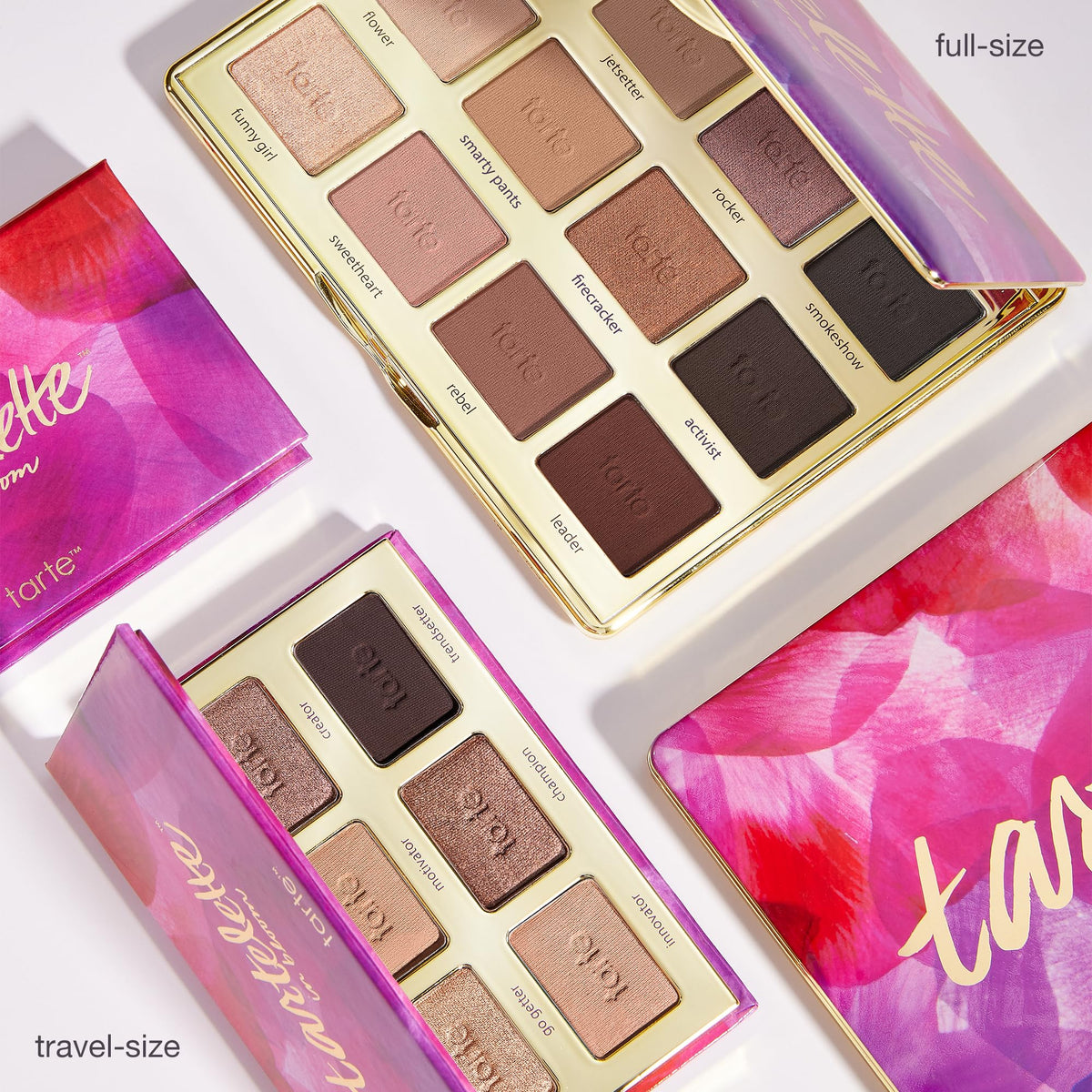 tarte size comparison next to everyday items showing compact full-size portability