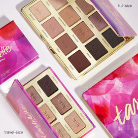 tarte size comparison next to everyday items showing compact full-size portability