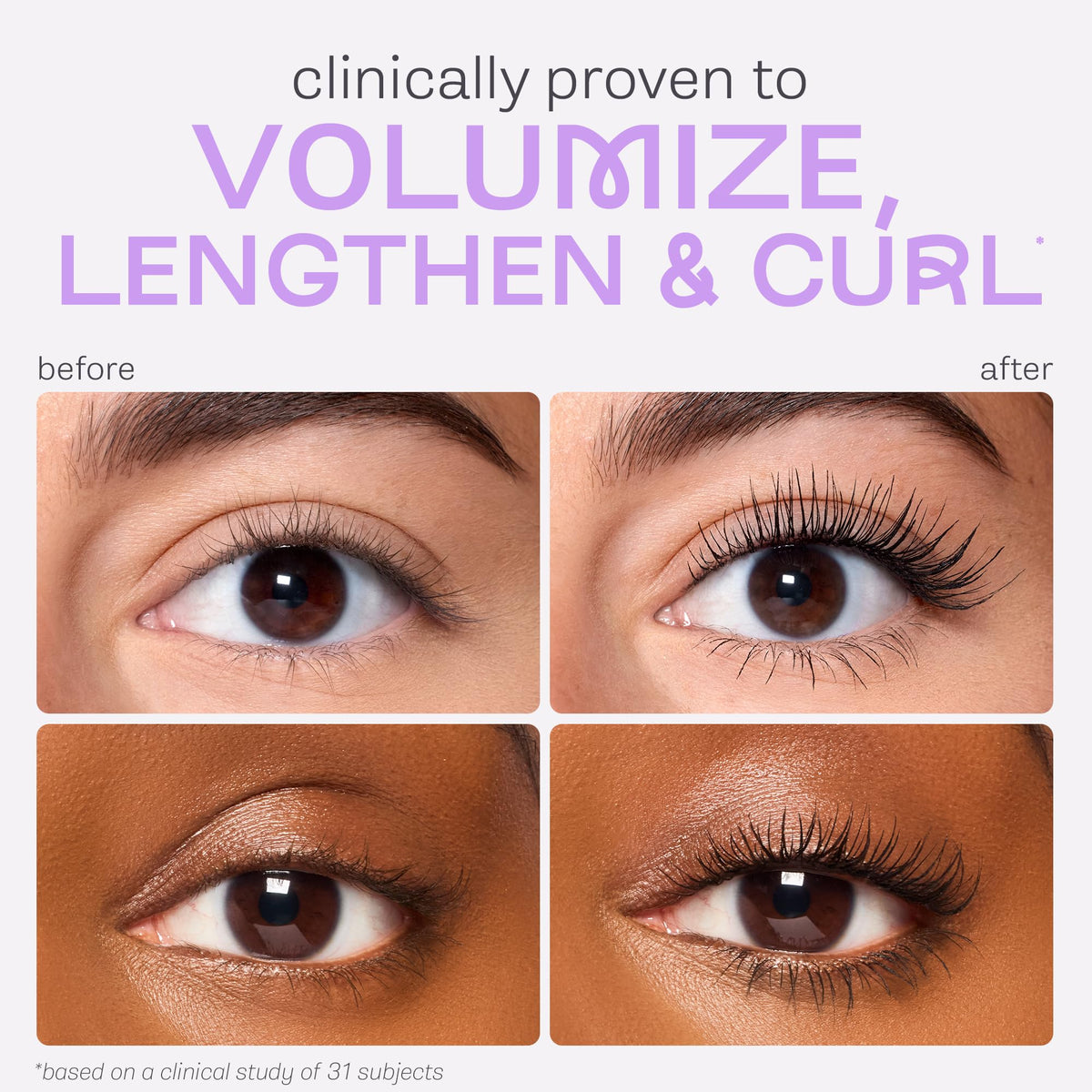 tarte before and after lashes comparison highlighting visible length and volume
