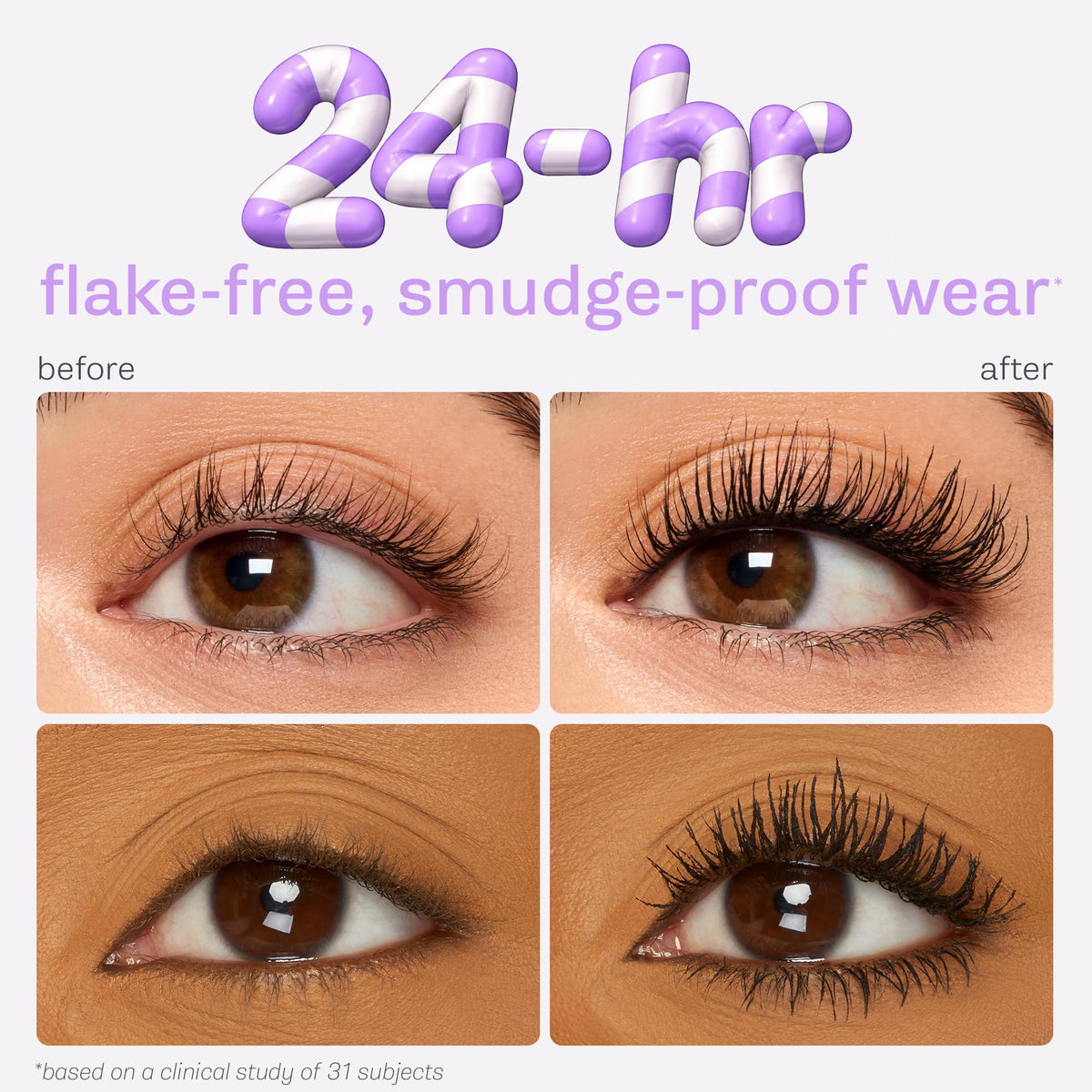 tarte on-model closeup showing curled brown lashes for natural extension effect