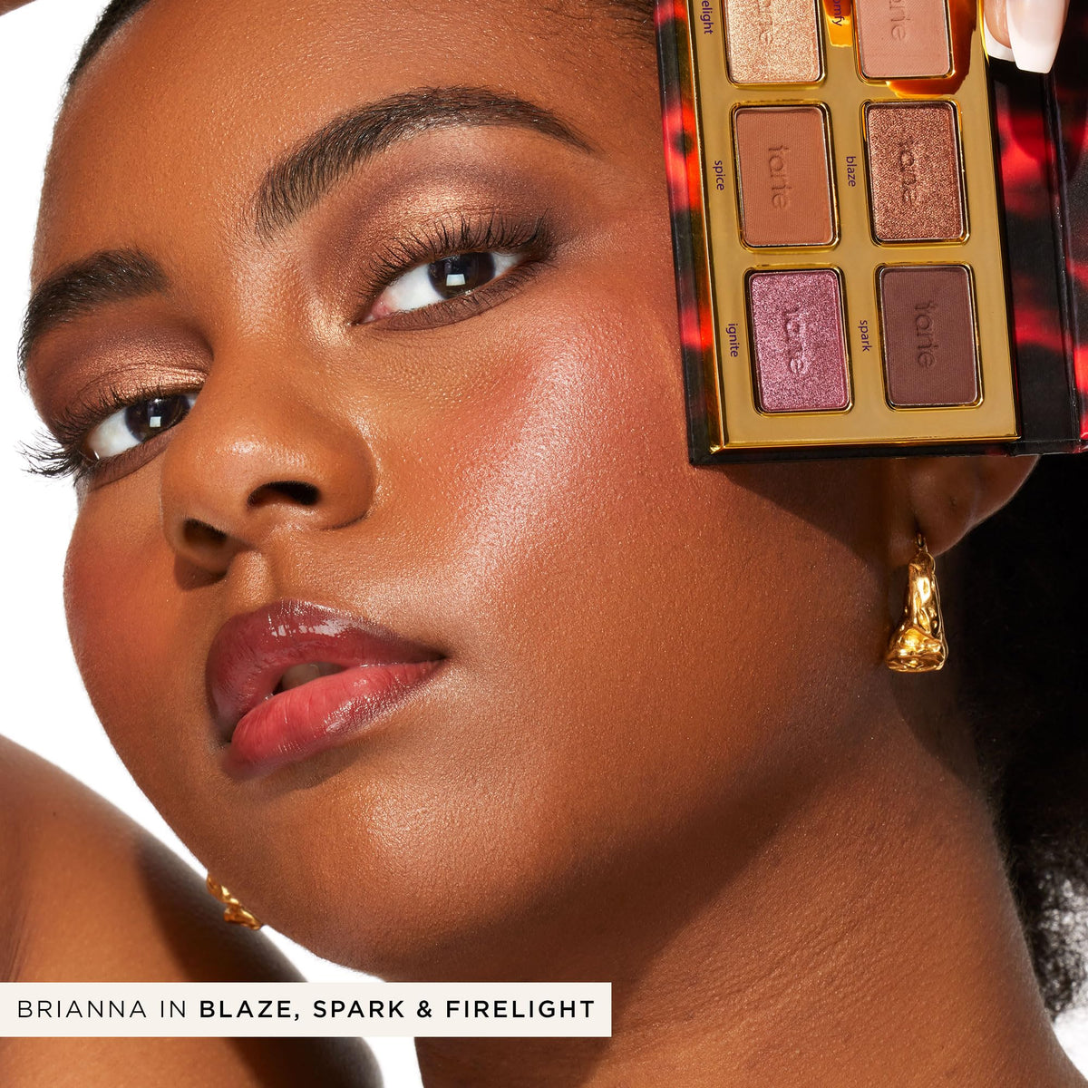 tarte on model wearing toasted bronze look for office-to-evening benefit