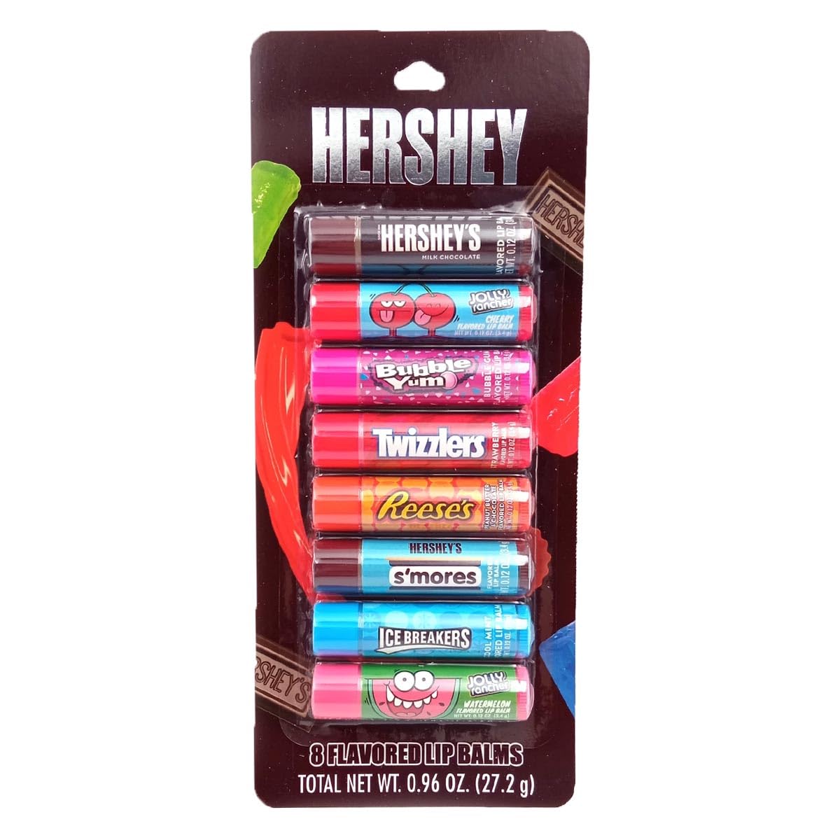 Taste Beauty Hershey front packaging showing eight colorful flavored lip balm tubes for easy selection