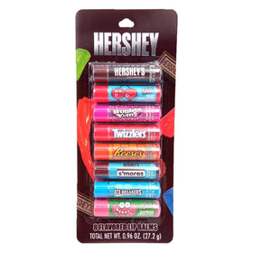 Taste Beauty Hershey front packaging showing eight colorful flavored lip balm tubes for easy selection
