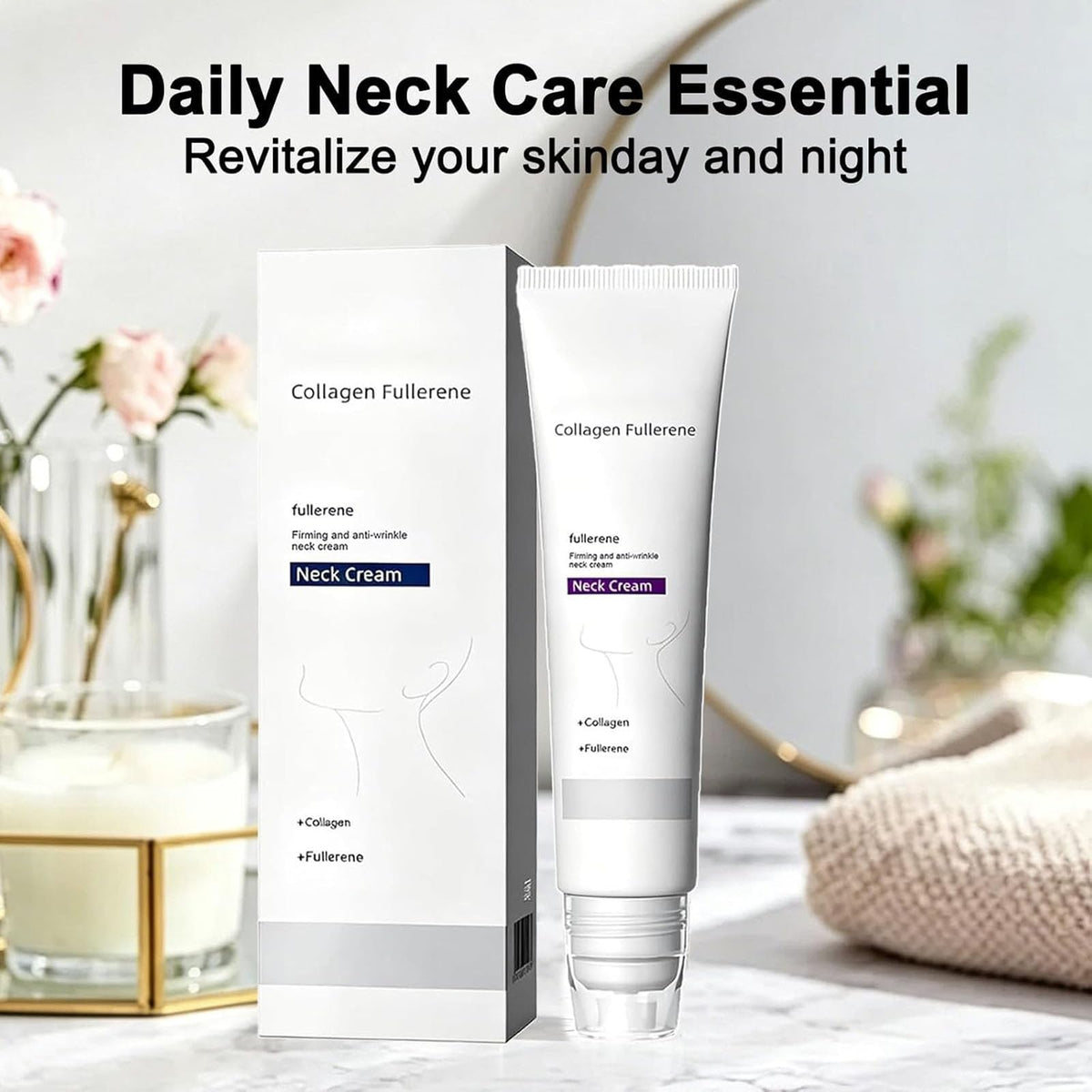 Tasunte applying cream on neck to smooth and lift skin