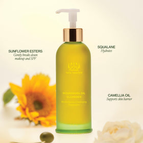 Tata Harper cleanser staged on bathroom shelf suggesting daily skincare routine