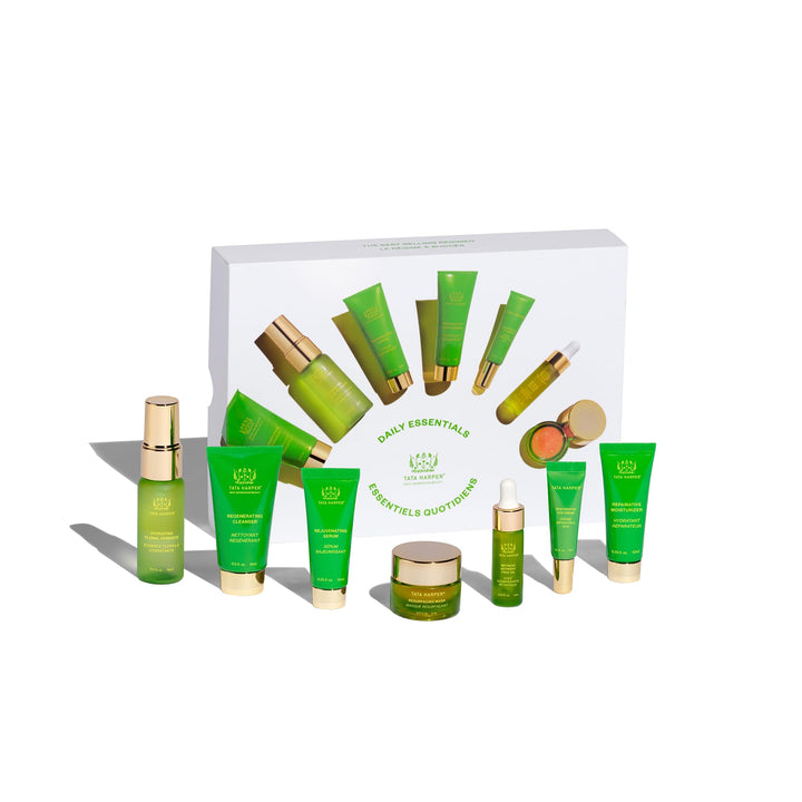 Tata Harper front packaging showing complete travel set and convenient portability