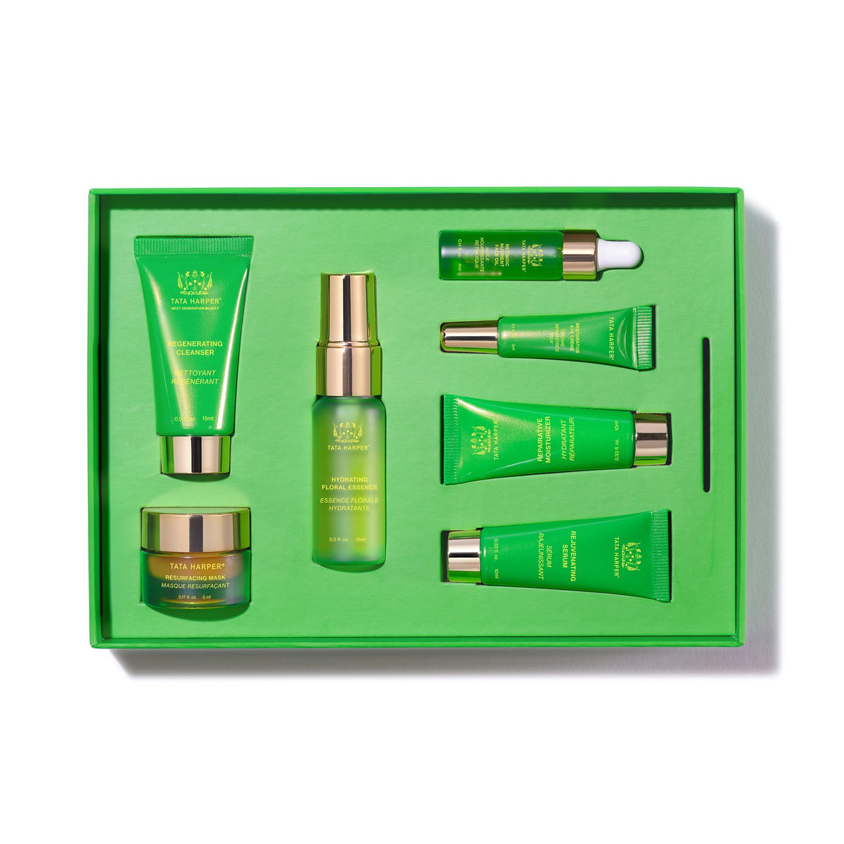Tata Harper products in travel bag lifestyle shot showing routine-ready convenience