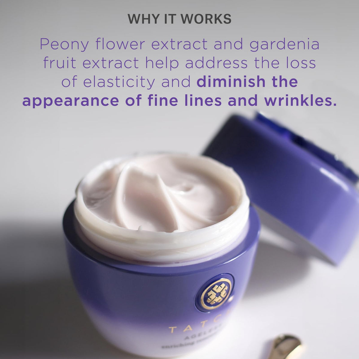 TATCHA peony and gardenia ingredient display highlighting elasticity-supporting benefits