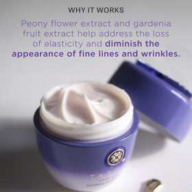 TATCHA peony and gardenia ingredient display highlighting elasticity-supporting benefits