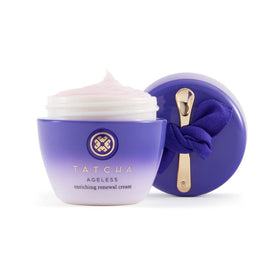 TATCHA jar on a bathroom vanity lifestyle shot conveying luxurious daily care benefit
