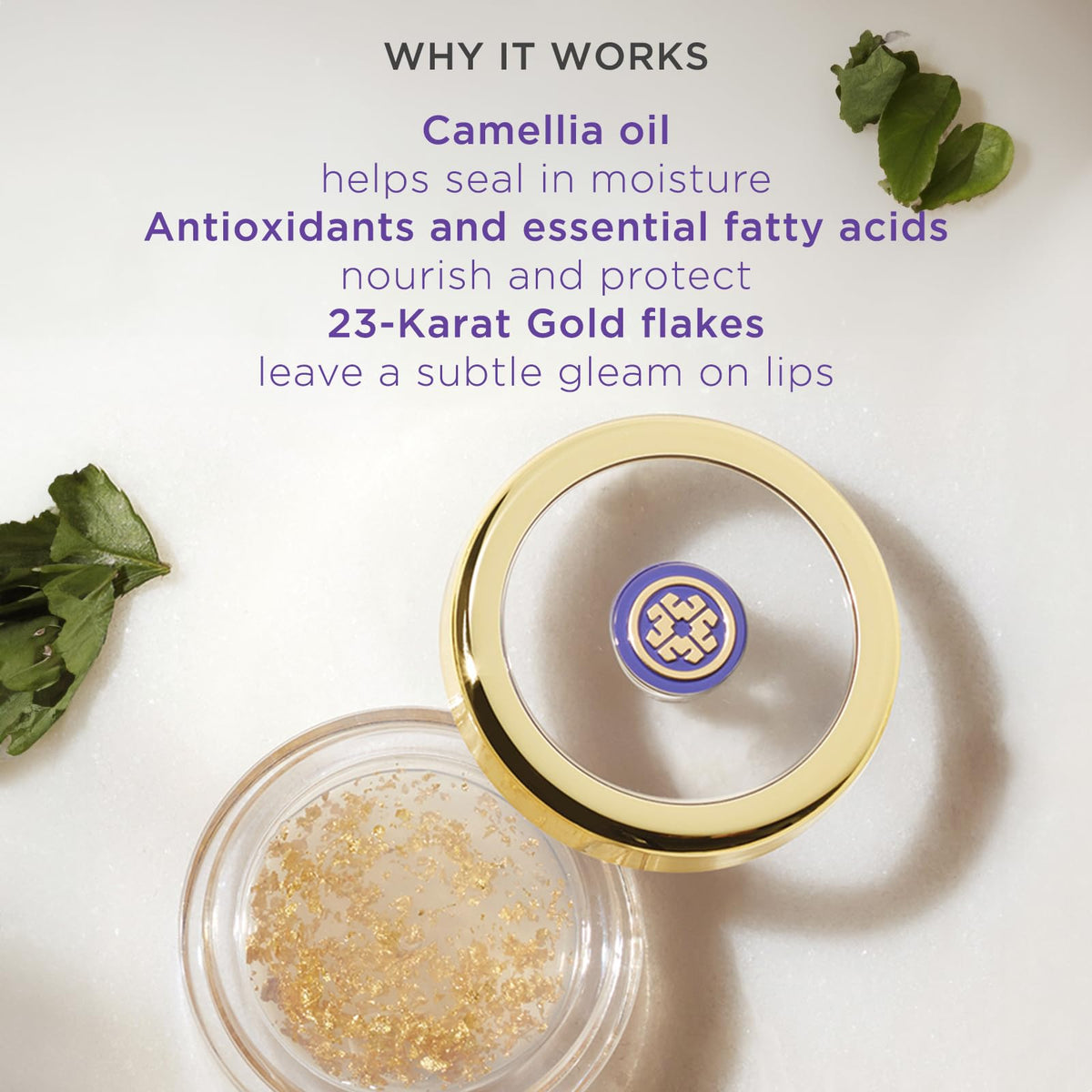 TATCHA open jar with visible 23-karat gold flakes adding subtle shimmer