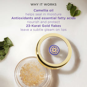 TATCHA open jar with visible 23-karat gold flakes adding subtle shimmer