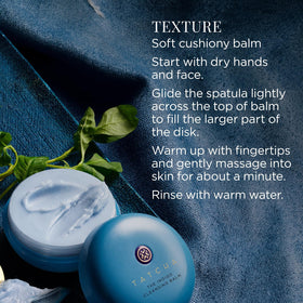TATCHA jar on a bathroom shelf staged with towels conveying daily ritual and organized skincare setup