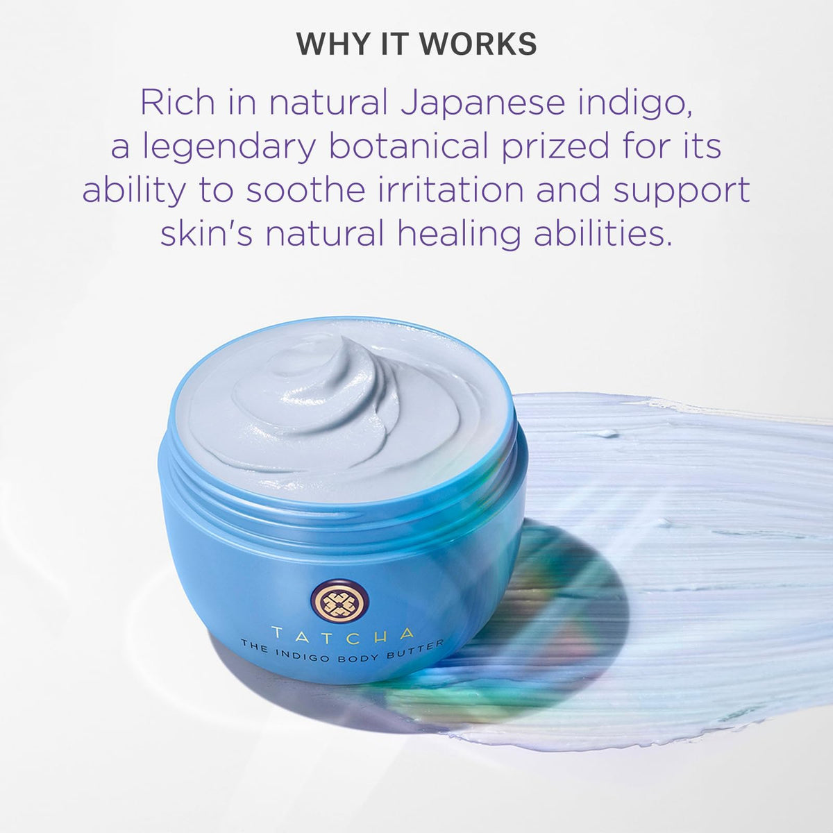 TATCHA indigo body butter on hand being applied for calming and protective relief