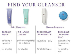 TATCHA balm next to cleanser and towel suggesting step-by-step double-cleanse routine convenience