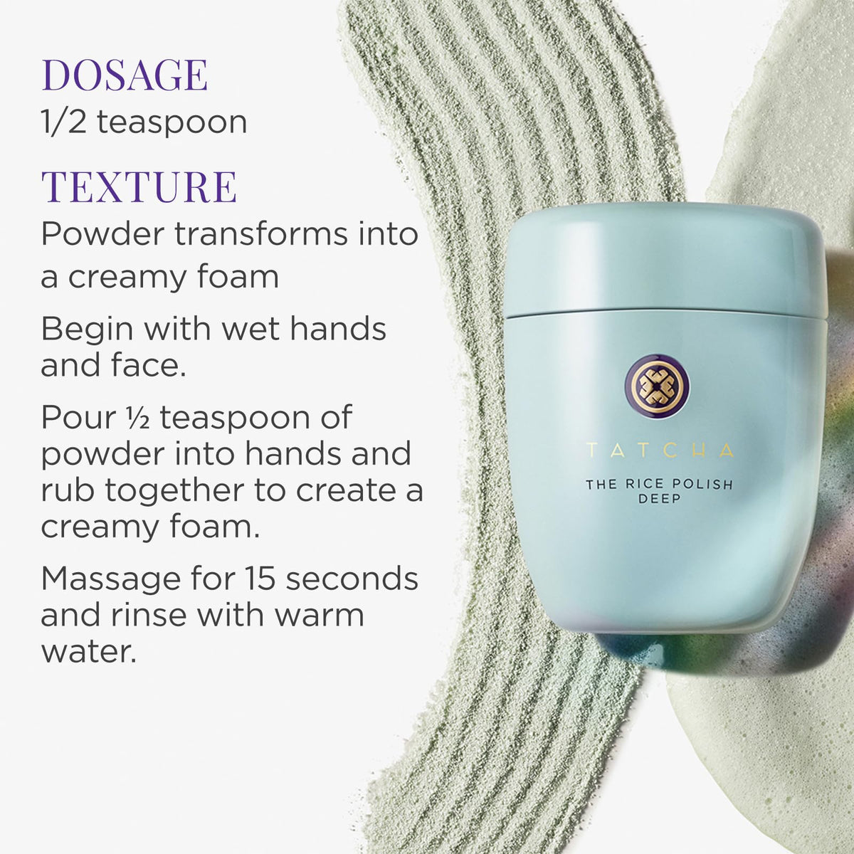 TATCHA open jar with visible content and label showing safe formulation benefit: clear ingredient view