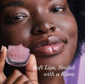 TATCHA applied to lips demonstrating soothing coverage and overnight moisture