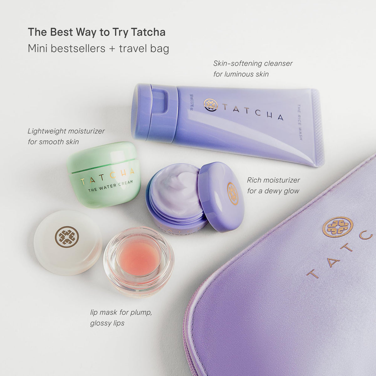 TATCHA mini Rice Wash Water Cream Dewy Skin Kissu Lip Mask lineup