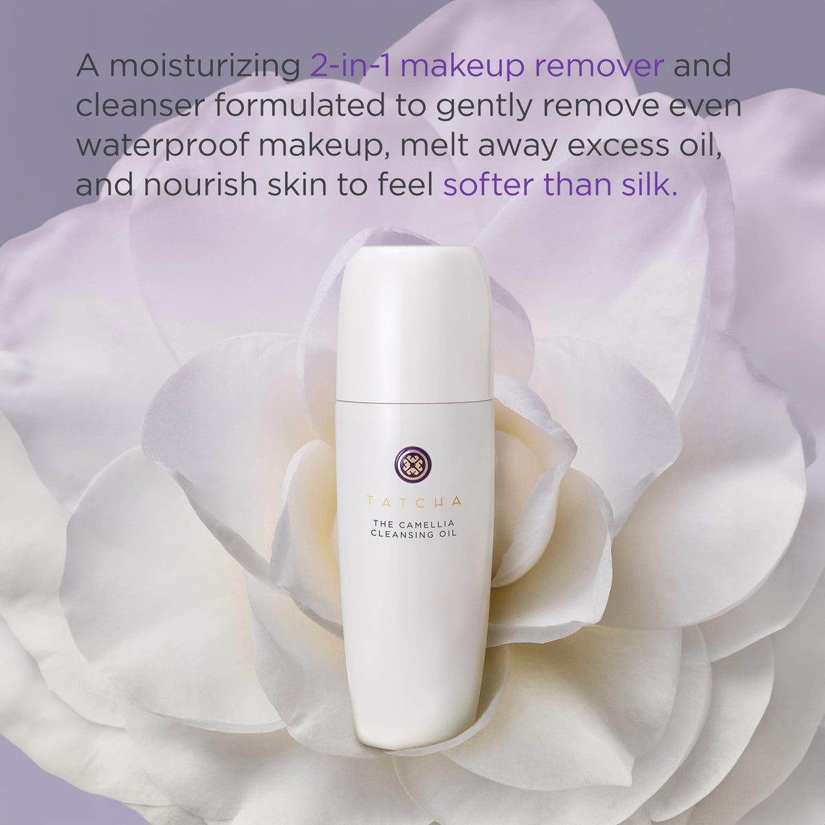 TATCHA Pure One Step Camellia cleansing oil close-up showing clear texture and gentle makeup removal benefit
