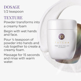 TATCHA ingredients label highlighting Japanese rice bran and indigo