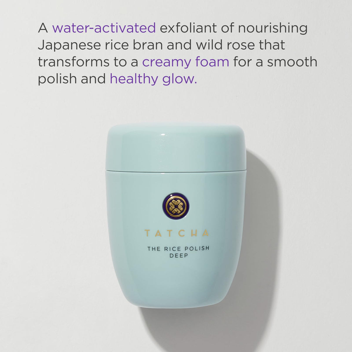 TATCHA close-up of powder texture showing fine rice bran for gentle polishing benefit: smooth finish
