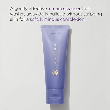 TATCHA product label close-up highlighting rice powder and hyaluronic acid benefits