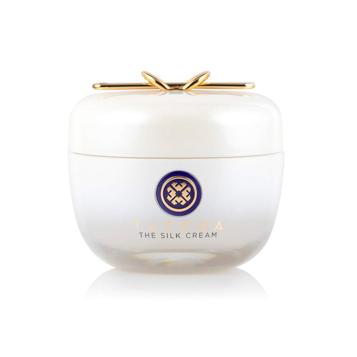 TATCHA jar front view showing elegant packaging and silk-cream benefit