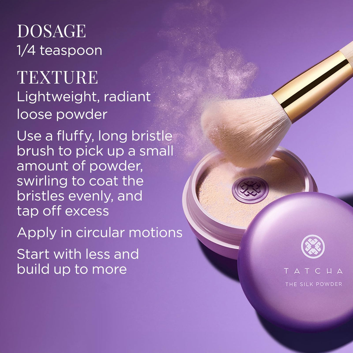 TATCHA powder applied with brush for long-lasting, matte finish