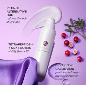 TATCHA bottle styled on bathroom vanity with towels, suggests everyday skincare ritual benefit