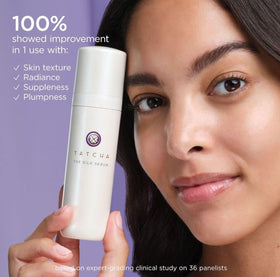 TATCHA silky serum texture close-up on fingertip, highlights smooth, lightweight finish