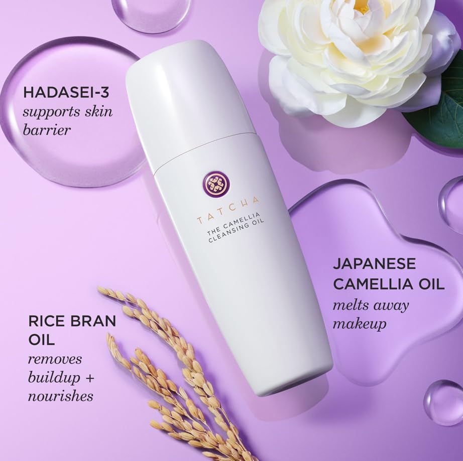 TATCHA bottle on bathroom shelf in lifestyle scene suggesting daily routine integration