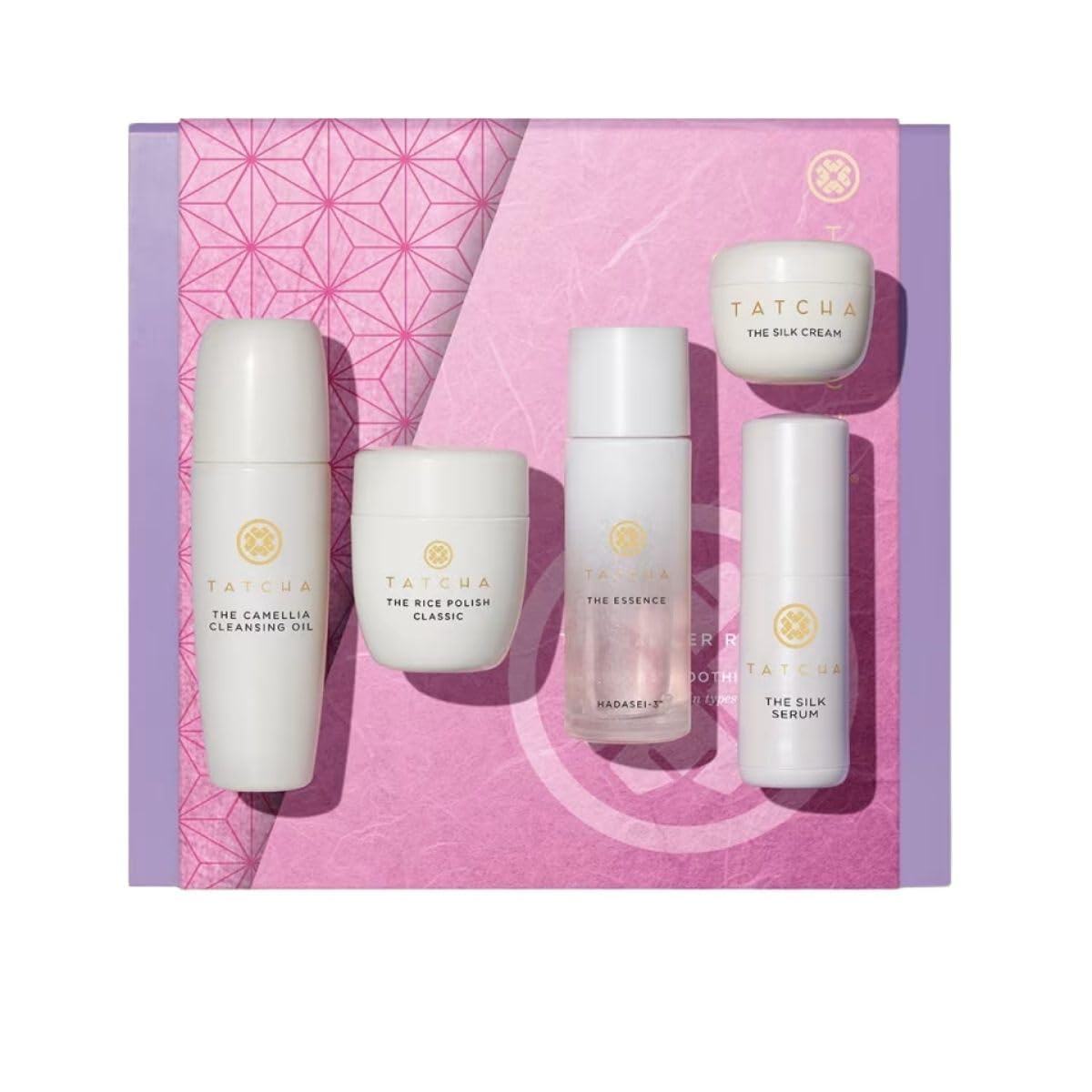 TATCHA starter set front packaging showing five travel-size products and value benefit