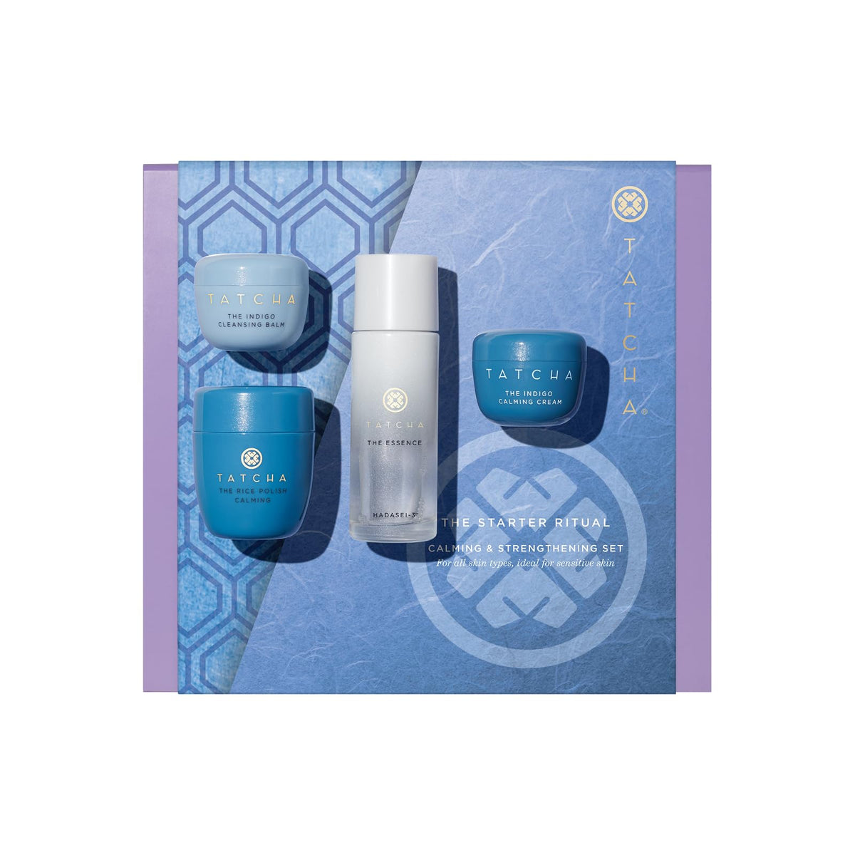 TATCHA starter set front packaging showing kit and benefit of gentle routine